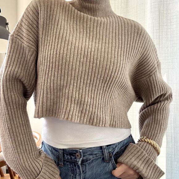Zara Womens Ribbed Crop Pullover Sweater S Beige Cuff Sleeves Mock Neck Oversize - Picture 8 of 9
